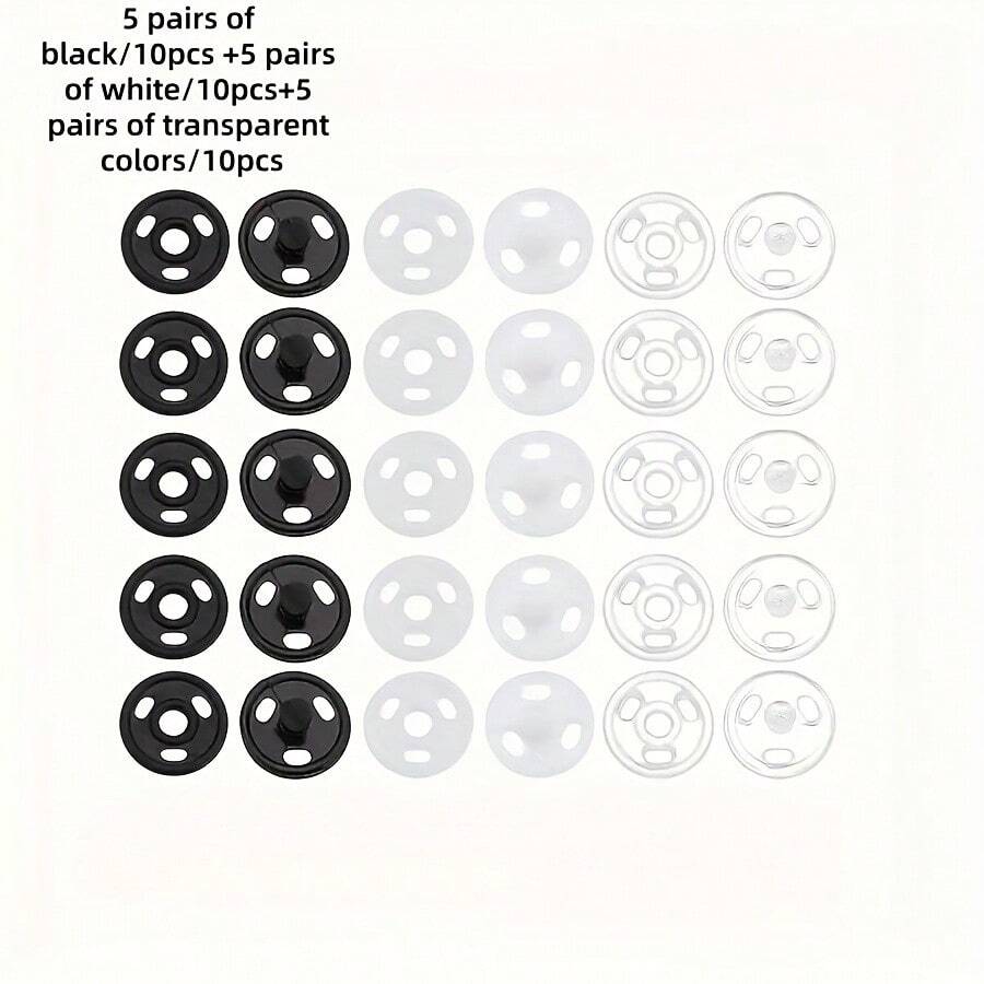 7毫米微型塑料按扣套装，耐用牢固的快速旋转按扣，白/黑/透明混色，适用于DIY工艺品、BJD娃娃服装、迷你服装和手工缝纫项目 - 15PCS混色 - 查看 1