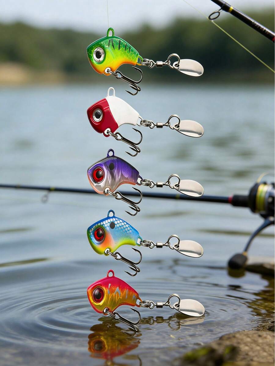 GOTURE 5pcs VIB Metal Sequin Lure Set - High Gravity Long Distance Design + 3D Realistic Fish Eye, 360° High-Speed Rotation Strong Turbulence, Suitable For Freshwater And Saltwater, Mixed Color Version - Multicolor - View 1
