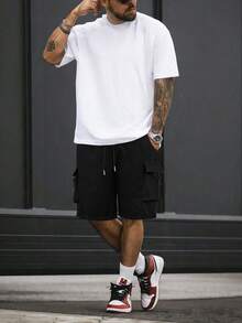 1 Set Men Short Sleeve T-Shirt & Cargo Shorts, Casual Versatile Commute Outdoor Street Style, Spring - Black and White - View 2