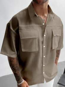 GloMan 男士实用复古风白色工装衬衫，带 3D 口袋，短袖宽松翻领，适合度假、户外和日常穿着，父亲节礼物，母亲节礼物 - 卡其色 - 查看 3