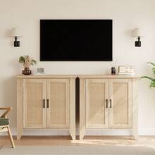 Versatile Boho-Style Sideboard – Rattan Storage Unit With Doors And Shelves – Ideal For Living Room, Kitchen, Hallway – Natural Oak Finish, Bohemian Style - Wood Grain Color 76*80*40 - View 5