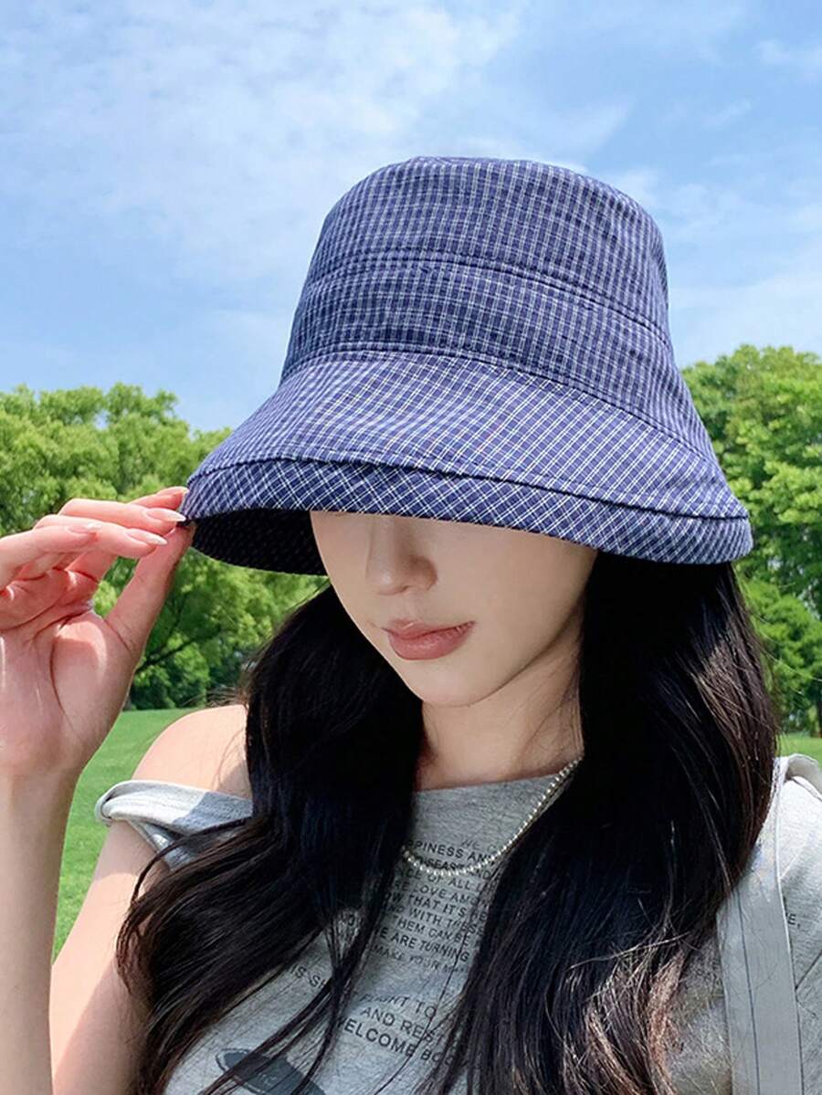 复古格子防风渔夫帽，女士夏季防晒宽檐帽，时尚修脸渔夫帽，休闲涤纶透气防紫外线帽，春夏款 - 帽子 - 查看 1
