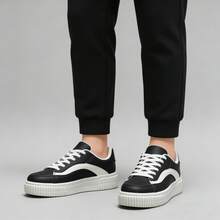 男女通用黑白撞色厚底系带滑板鞋，休闲情侣百搭日常鞋 - 黑色 - 查看 4