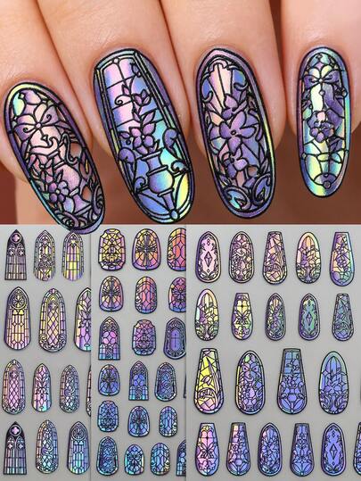 全息哥特式彩色玻璃美甲贴纸 - 1 张 5D 镂空花卉和教堂窗户设计美甲贴花，复古彩色自粘美甲贴，适合女性和女孩，Y2K 美学美甲装饰，适合夏季海滩、派对和日常佩戴
