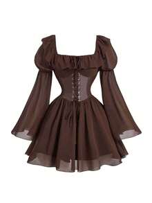 Robe médiévale à manches bouffantes, nouvelle robe de cosplay pour femme, jupe vintage ajustée avec cordon de serrage pour Halloween. - Noir - Voir 5