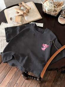 Young Girl Casual Funny Print Crew Neck Short Sleeve T-Shirt, Summer Top - Dark Grey - View 5