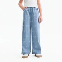 Annil 儿童女童柔软顺滑牛仔裤 - 春季新款蝴蝶结装饰直筒裤 - 藍白花 - 查看 10