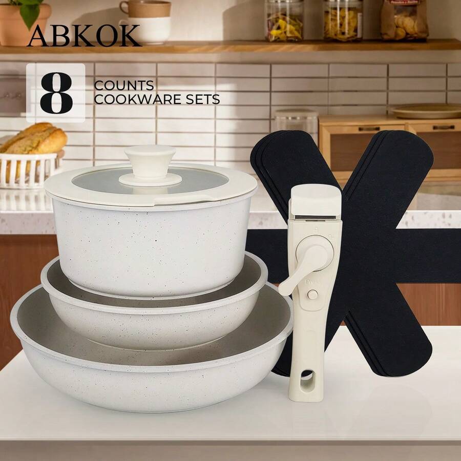 ABKOK 5pcs/8pcs Set Non-Stick Cookware Set With Detachable Handles, Suitable For All Stovetops, Essential Kitchenware With Heat Resistant Handles