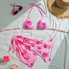 Women's Summer Beach Vacation Random Floral Print Halter Tie Back Sexy Bikini 3-Piece Set - Multicolor - View 7