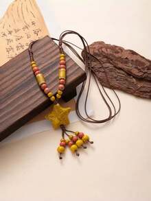 1pc Summer Dopamine Series Bohemian Colorful Beaded Starfish Necklace, Braided Rope Long Necklace Accessory, Best Gift For Valentine's Day And Beach Vacation - Multicolor - View 7