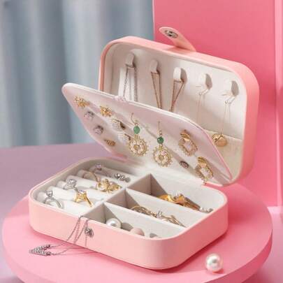 1个PU+绒面双层长方形粉色首饰收纳盒，便携式旅行整理盒，带搭扣，母亲节/生日礼物推荐