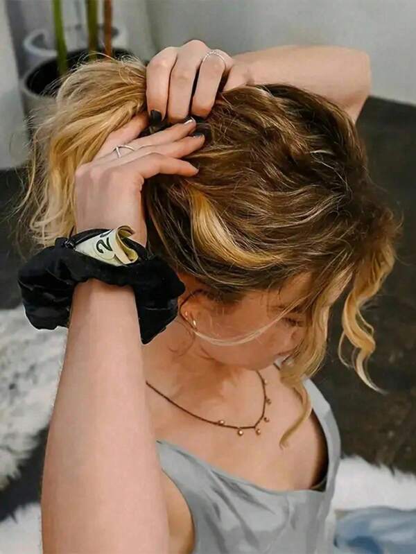 Elegant Fabric Hair Tie With Hidden Pocket Zippered Elastic Hair Tie With Secret Compartment For Keys, Cash, Lipstick - Portable Non-Waterproof Fashion Accessory Hair Ties Ponytail Holders Hair Elastics Hair Rubber Bands Scrunchies Hair Rope, Hair Bobbles ,Head Piece