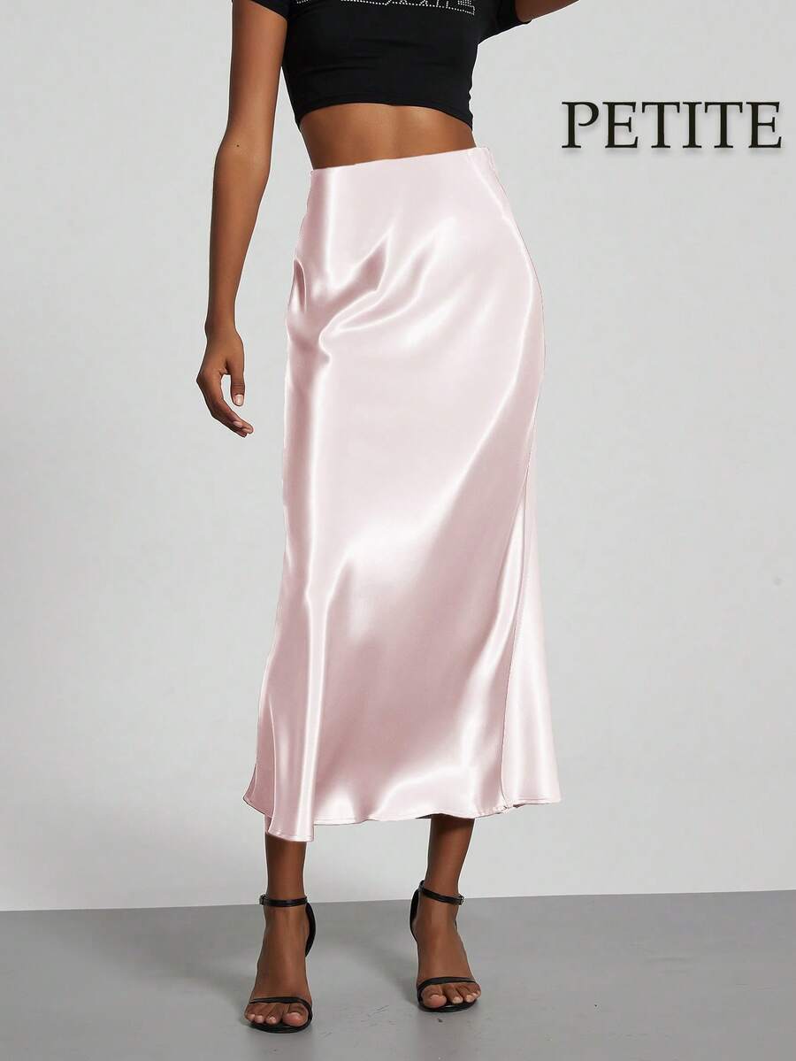 Se-Helo Women's Versatile Commuter Satin Elastic Waist Midi Skirt, Suitable For All Seasons, Petite Friendly Spring - Baby Pink - View 1