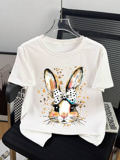 大码女式宽松可爱休闲度假圆领T恤，兔子印花，夏季日常T恤，女士图案T恤，夏季短袖白色T恤，夏季女式上衣T恤，复活节