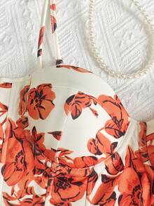 Women's Adjustable Strap Floral Print Heart Neck Waist Tie Blouse - Orange - View 5