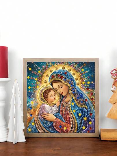 1 pieza Kit de pintura de diamantes, patrón de figura religiosa de la Virgen María, kit de arte de diamantes, kit de pintura de punto de cruz, regalo de bordado de mosaico de diamantes, adecuado para adultos principiantes como alivio del estrés, diamante redondo de perforación completa DIY, mejor regalo para la decoración del hogar y la decoración de paredes