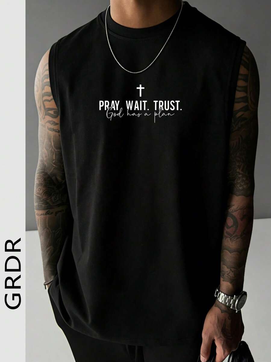 GRDR 男士极简印花休闲宽松圆领背心，夏季时尚 - 黑色 - 查看 1