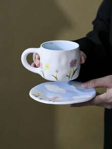 1 Set Refreshing Ceramic Coffee Cup & Saucer, Spring Cartoon Cup, Afternoon Tea Cup, Mug, Latte Art Cup, Breakfast Milk Cup, Personalized Birthday/Housewarming Gift, Couple Water Cup - Multicolor - View 8