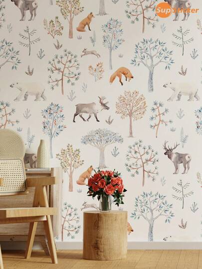 15.75*47.24/141.73inch, 1 cuộn (3 tờ) Giấy dán tường SupSticker họa tiết rừng cây và động vật kỳ lạ, cây cối, thực vật, tự dính, chất liệu PVC, thích hợp cho tủ quần áo, ngăn kéo, bàn trang điểm, phòng khách, phòng học, v.v.