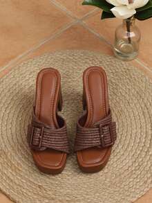 New High Heeled Sandals For Women Round Toe Buckle Chunky Heel Clogs Mule Shoe Studded Slip On Slides Non Slip High Heels Party Work Beach Business Casual Wedding Dress Shoes Casual Oudoor Fashion Easter Gifts Spring Festival Womens Summer Sandal Brown Raffia Sandals - 褐色拉菲亞 - 查看 6