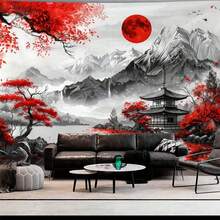 日式红月山水挂毯，涤纶材质，卧室装饰墙画，客厅家居装饰挂毯，亚洲风格房间用品，红枫宝塔山景艺术挂毯，墙面装饰旗，醒目的红黑白卧室挂毯，防水耐磨涤纶海报 - 多色 - 查看 11