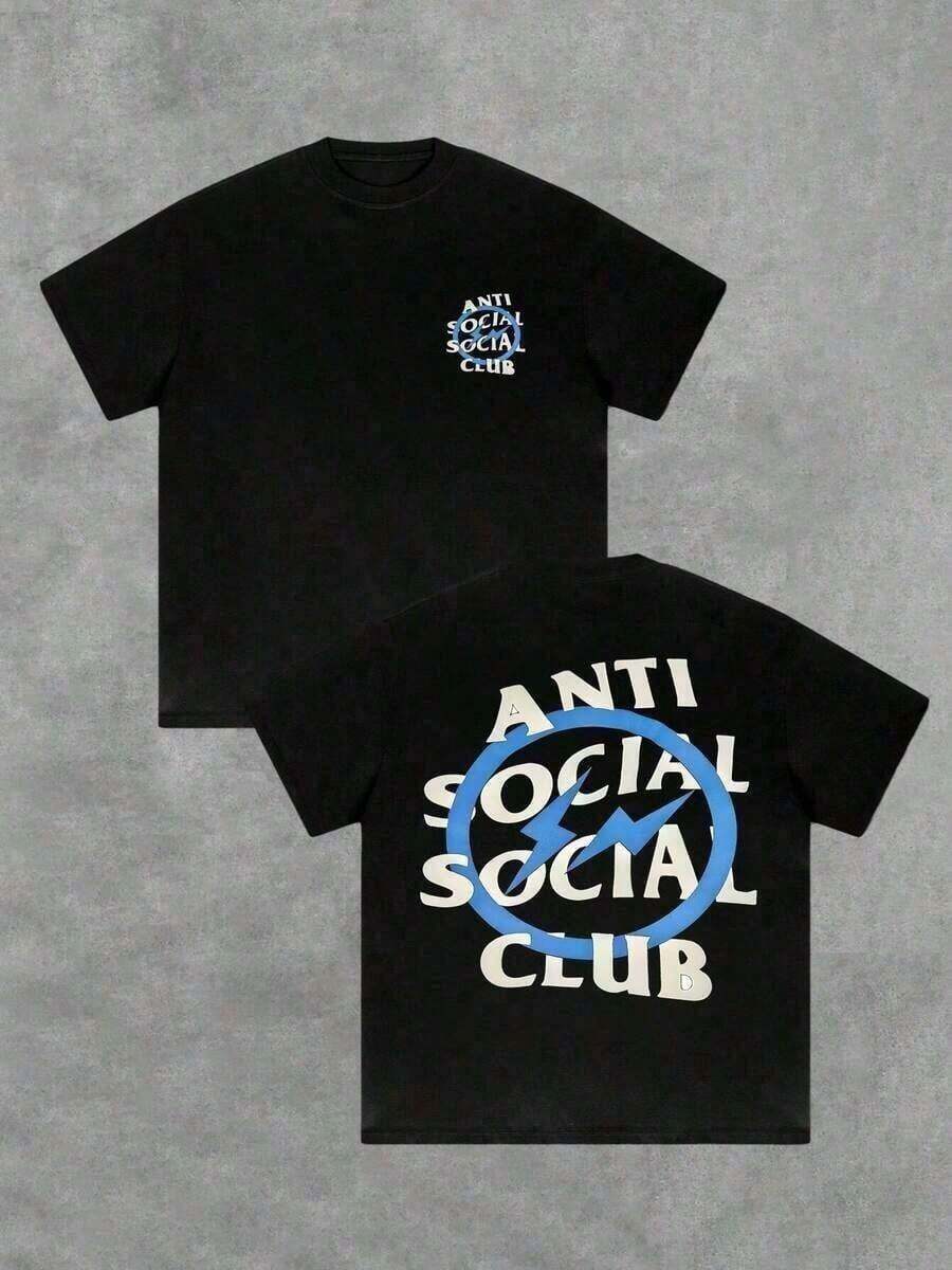 Cotton Double-Sided Printed, Anti Social Club Printed T-Shirt, Suitable For Daily Wear, Casual Summer Wear, Slightly Elastic, Breathable, Outdoor Holiday Sports, Gift T-Shirt, Holiday Gift, Perfect Gift.Fashionable Women's Clothing - 黑色-2 - 查看 1