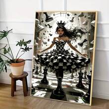 1幅2D DIY钻石画，黑白格子皇冠女孩与漂浮的国际象棋棋子，完美的节日礼物 - 查看 5