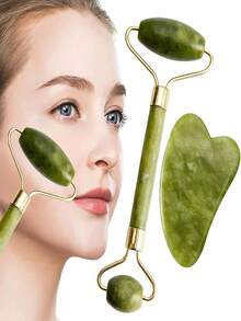 Juego de Gua Sha de jade natural, rodillo facial de cuarzo rosa para mujeres, masajeador facial de jade, herramienta de cuidado y belleza, spa y autocuidado, herramienta de masaje de elevación facial, suministros de esteticista, rodillo de masaje facial, artículos de belleza esenciales - Verde - Ver 2