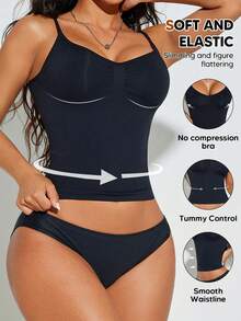 1pc Women's Basic Camisole Shapewear, Autumn/Winter Casual Black Summer - Black - View 3