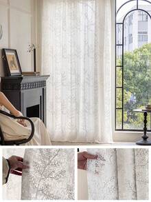 1 chiếc rèm voan mỏng màu be thêu họa tiết cành cây, kiểu dáng mới về, đa năng, phù hợp cho biệt thự, ban công, phòng khách, phòng ngủ, trọng lượng 150g/m², có khe luồn thanh treo. - 1PC - Xem 3