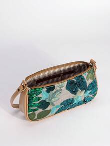 1pc Flower Embroidered Sequined Messenger Bag, Fashionable Ladies Beach Holiday Shoulder Bag, Holiday Party Dinner Bag. - Green - View 4