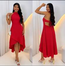 VESTIDO SENSORIAL LONGO GOLA ALTA COM BOJO BABADO ELEGANTE FESTA CASAMENTO FORMATURA - Vermelho - Visão 1