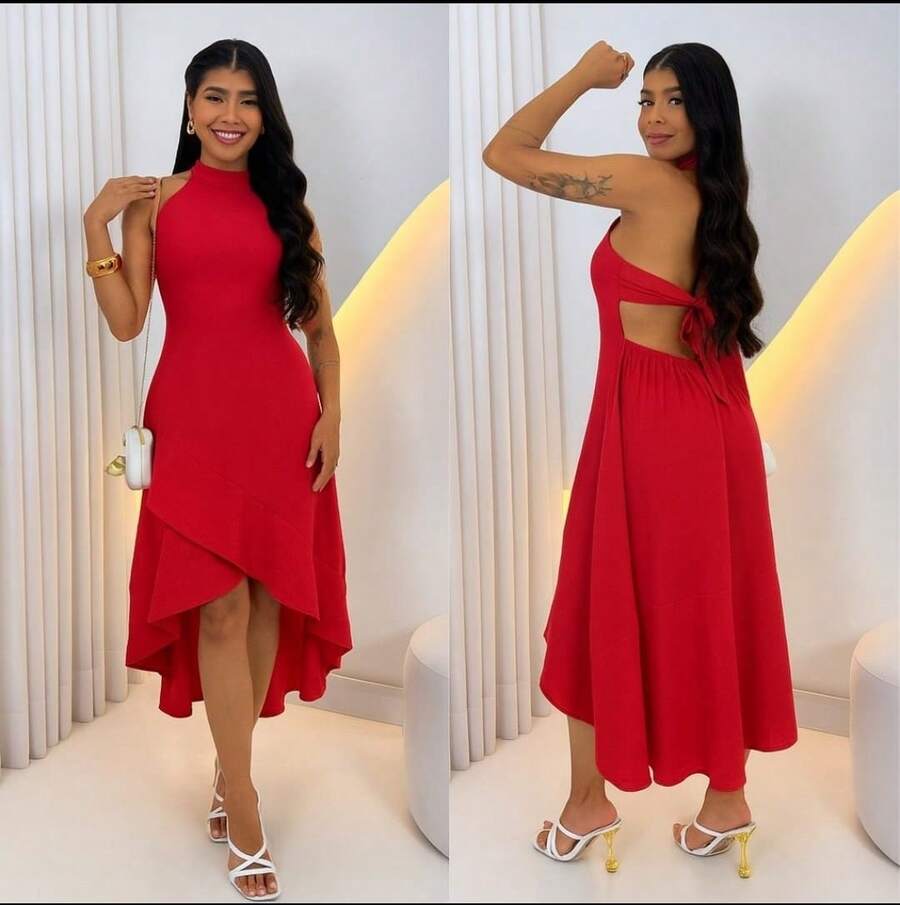 VESTIDO SENSORIAL LONGO GOLA ALTA COM BOJO BABADO ELEGANTE FESTA CASAMENTO FORMATURA - Vermelho - Visão 1