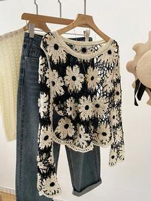 French Retro Hollow Out Knit Cover Up Women, Black & White Large Floral, Flare Sleeve, Sun Protection Cover Up For Summer Beach Vacation Spring - Black and White - View 1