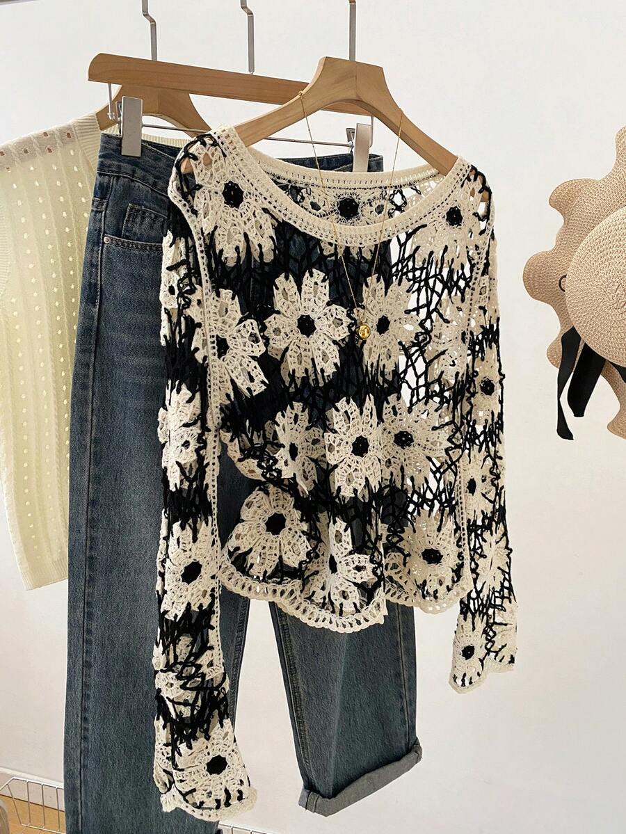 French Retro Hollow Out Knit Cover Up Women, Black & White Large Floral, Flare Sleeve, Sun Protection Cover Up For Summer Beach Vacation Spring - Black and White - View 1