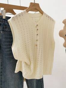 女士时尚无袖圆领针织上衣，镂空设计，适合夏季穿着 - 杏色 - 查看 4