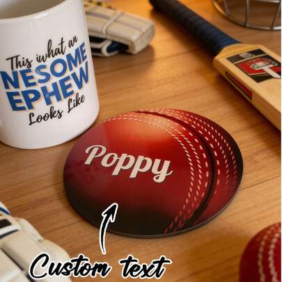 Customized Cricket Shaped Coaster, Can Customize Name, Gift For Cricket Fans, Personalized Football Pattern Coaster, Father's Day Gift, Back To School Gift, Anniversary Gift, Holiday Gift, Birthday Gift, Gift For Dad And Grandpa, Sports Gift For Him