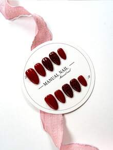JUTI 10 buah Kuku Tempel Pendek Bentuk Almond Buatan Tangan 100%, Kuku Palsu Warna Burgundy Solid dengan Motif Leopard Hitam yang Dilukis Tangan, Ujung Kuku yang Berani & Cerah, Mudah Dilepas, Cocok untuk Berbagai Acara, Sesuai dengan Gaya Muda dan Dewasa - MultiWarna - View 3