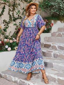 Plus Size Bohemian Style Floral V-Neck Dress, Patchwork Retro Printed Long Dress, Suitable For Vacation And Photo Shooting Elegant Summer - Blue - View 7