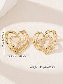 1对夸张几何镂空不对称心形耳环（女士款） - 金黃色 - 查看 3