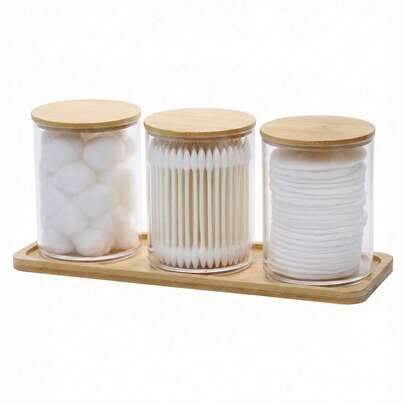 3 Packs Cotton Swab Holder - Bathroom Organization, Round Cotton Swab Holder, Cotton Ball Holder With Tray, Plastic Medicine Bottle With Lid, Dental Floss Pick Bathroom Organizer.