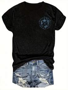 1pcs Plus Size Women's Top,Christian-Themed Printed Round-Neck T-Shirt Featuring Marine Animals, A Casual Short-Sleeve Top For Women'S Vacation Wear-Vintage Street Style Unisex Loose Cotton Short Sleeve Crew Neck T-Shirt - 黑色 - 查看 3