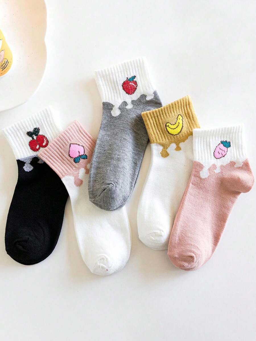 5 pares de calcetines cortos con estampado de frutas en crema, calcetines de tobillo con dibujos de frutas en crema de estilo coreano, calcetines cortos dulces de estilo japonés para mujer, calcetines cortos minimalistas y versátiles, cómodos y suaves, adecuados para uso diario casual, deportes, hogar, viajes, fiestas, regalos, todo el año - Multicolor - Ver 1