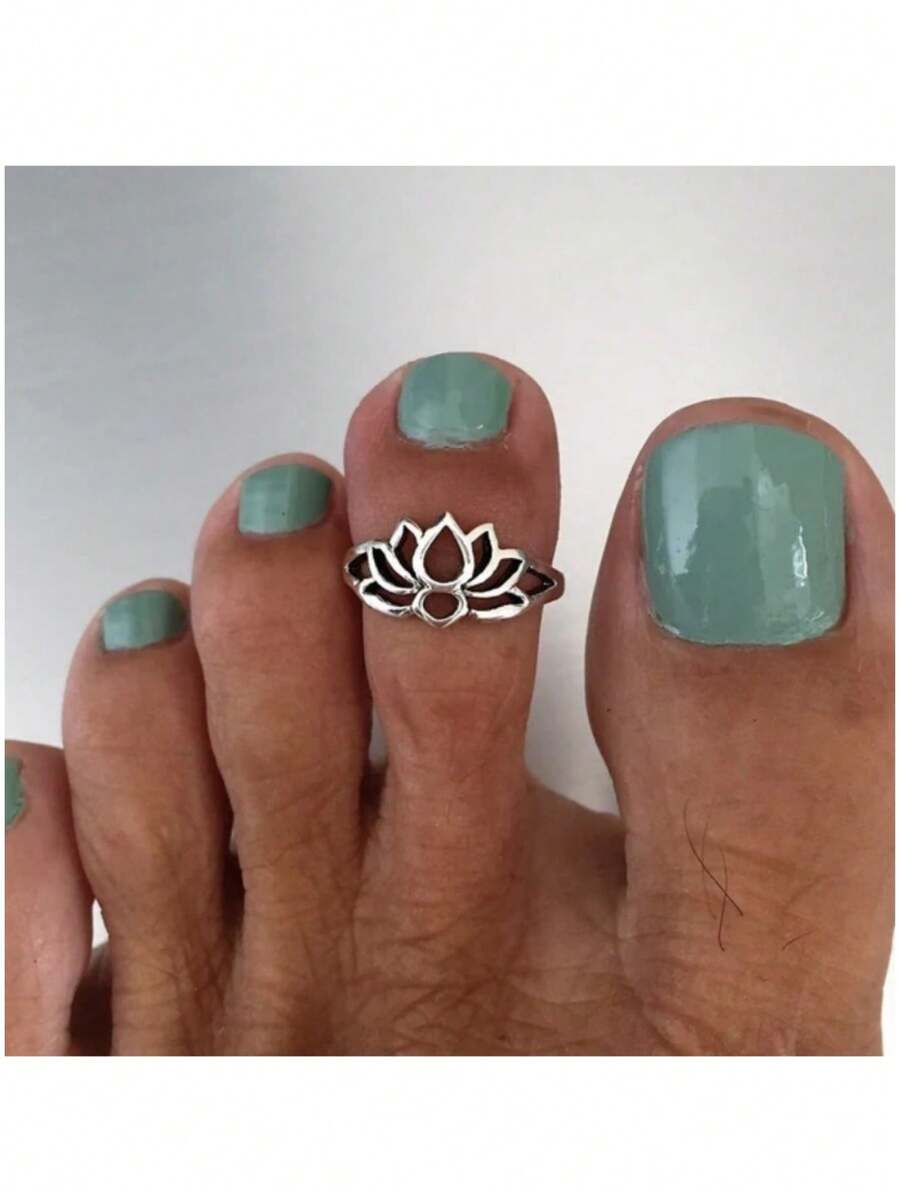 Vintage Open Lotus Flower Adjustable Toe Ring, Minimalist Design Suitable For Summer Vacation Or Outdoor Wear, An Ideal Accessory Item - Silver - View 1