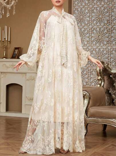 女士透气蕾丝花苞长袖吊带连衣裙，优雅珍珠装饰细肩带系带（珍珠雪纺缎带随机）