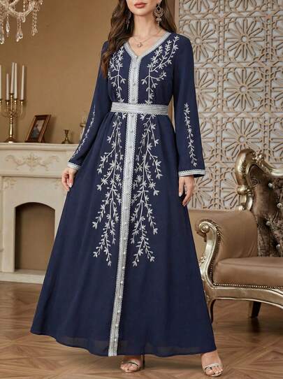 Solessence 刺绣阿巴雅长袍穆斯林连衣裙，迪拜土耳其风格，V领，及踝蕾丝边长袖，配腰带，适合斋月穿着的端庄摩洛哥长袍
