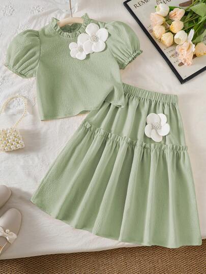 Tween Girls Spring/Summer Puff Sleeve Cropped Top + Floral Decor A-Line Skirt Gentle 2-Piece Set