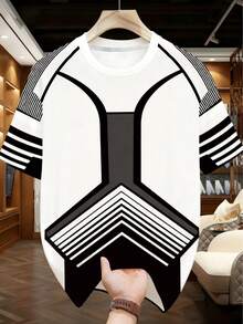 Plus Size Men's Geometric Line Short Sleeve T-Shirt, Black & White Contrast Functional Design, Loose Fit Slimming Top Sports - Black and White - View 3