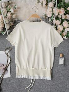 Grey Knit Cardigan Short Sleeve Women Slim Fit Collegiate Style Summer Round Neck Lace Patchwork Thin Top With Drawstring Hem - Apricot - View 7