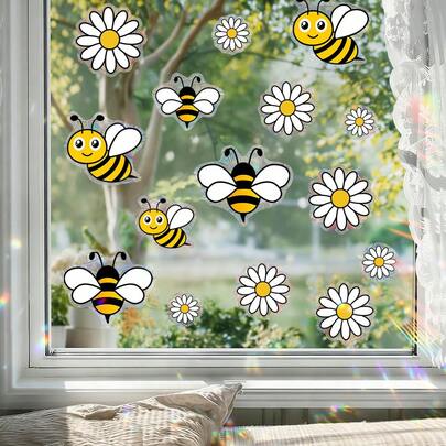 1/3片可爱卡通蜜蜂和蝴蝶彩色玻璃窗贴，可重复使用的PVC静电吸附，适用于客厅、厨房、推拉门和家居DIY装饰，适合所有季节。